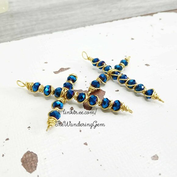 Cobalt Faceted Glass Beaded Cross Pendant, Wire Wrapped Pendant, 3" - Picture 3 of 4